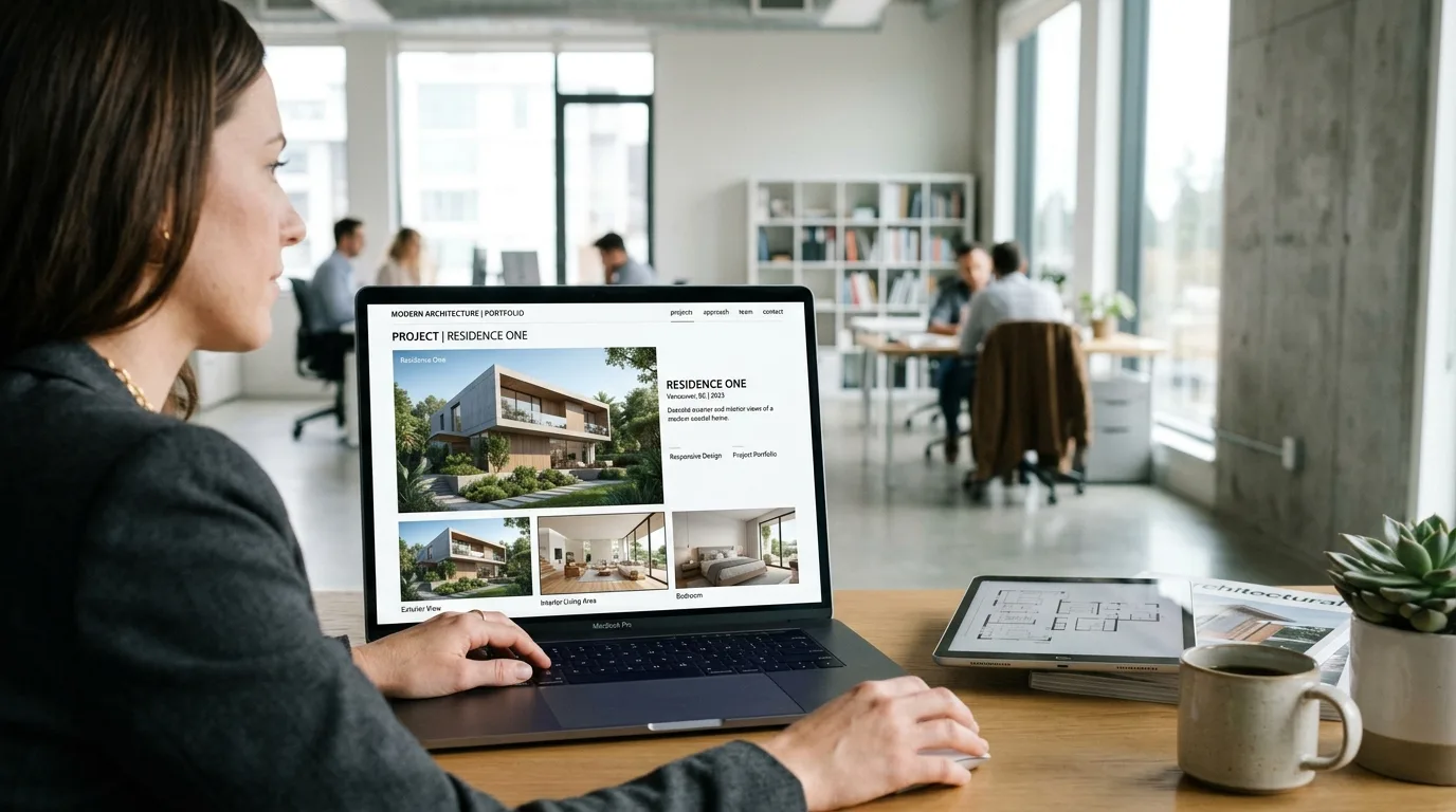 Portafolio online de proyectos arquitectónicos Interfaz de página web de arquitectura mostrando un portafolio de proyectos