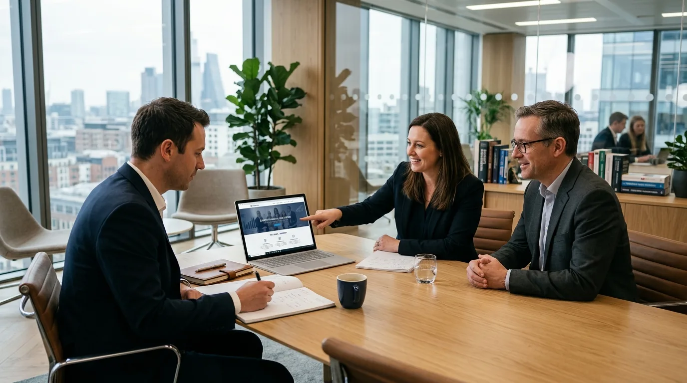 Beneficios de una web profesional para tu firma contable Equipo de contadores colaborando con herramientas digitales y una página web en pantalla
