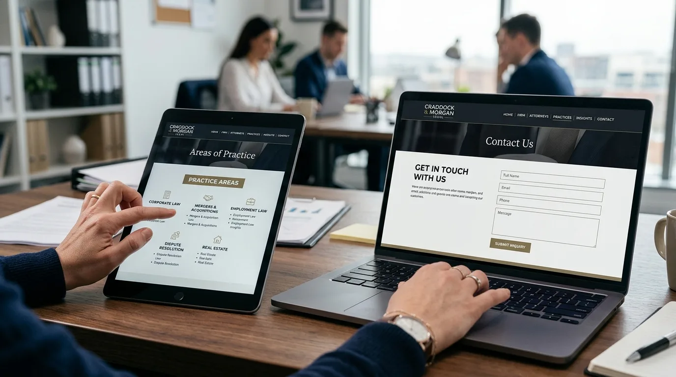 Sitio Web Jurídico Adaptado a Todos los Dispositivos Varias pantallas mostrando diferentes secciones de un sitio web legal responsivo, adaptado para tabletas y computadoras.