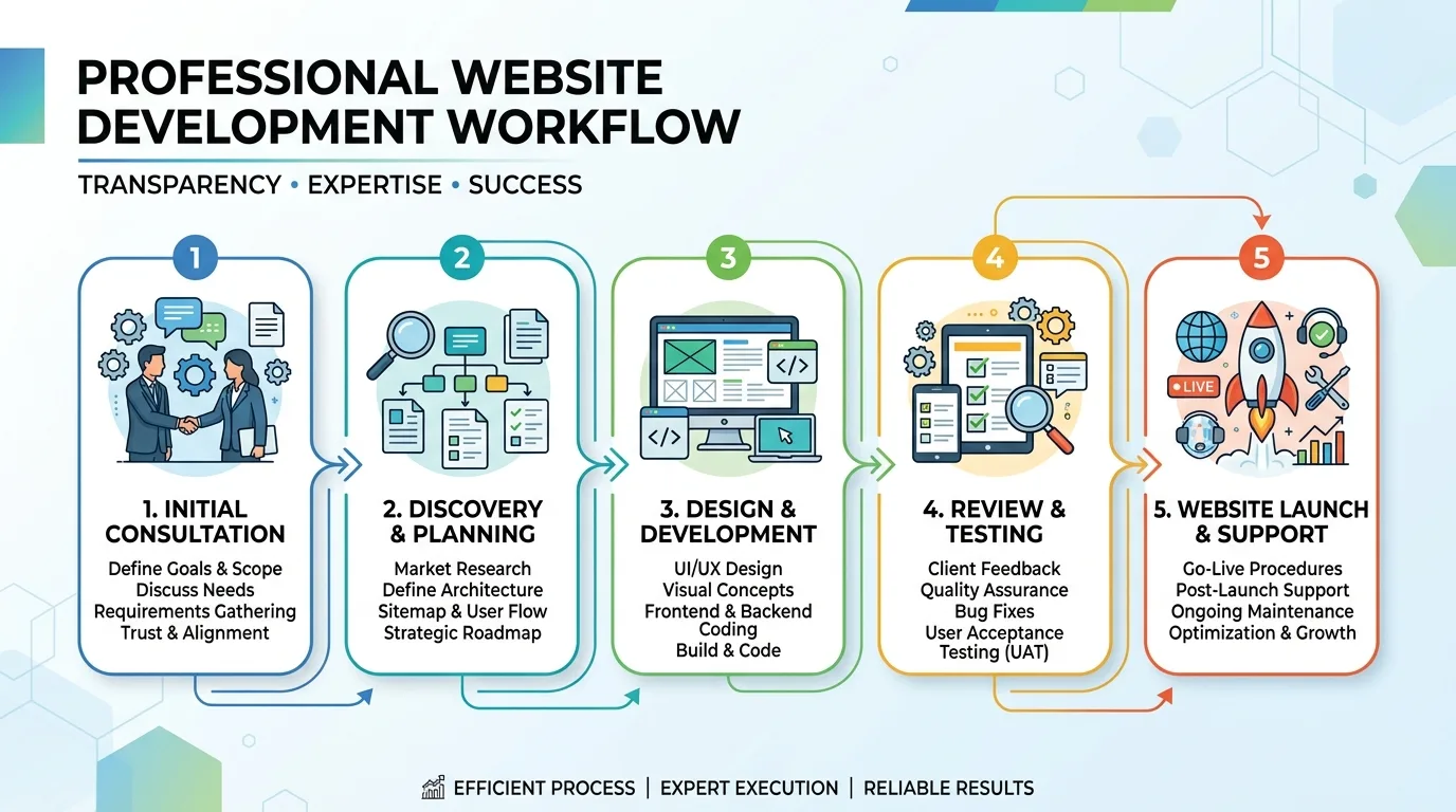 Proceso Transparente de Creación de Páginas Web Diagrama visual del proceso de diseño y desarrollo web de Clientes con Web, desde la consulta hasta el lanzamiento.