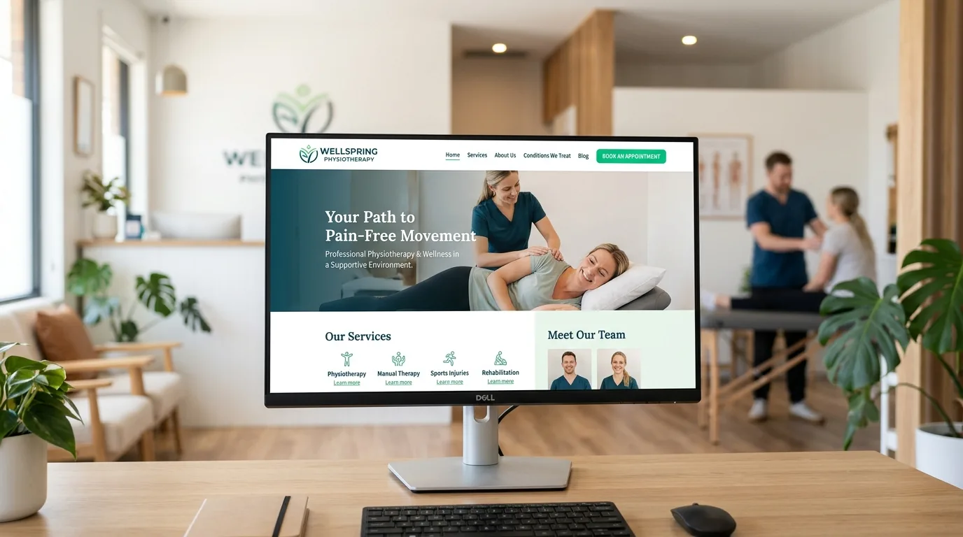 Página Web Profesional para Fisioterapeutas Diseño moderno de página web para clínica de fisioterapia en una pantalla de computadora.