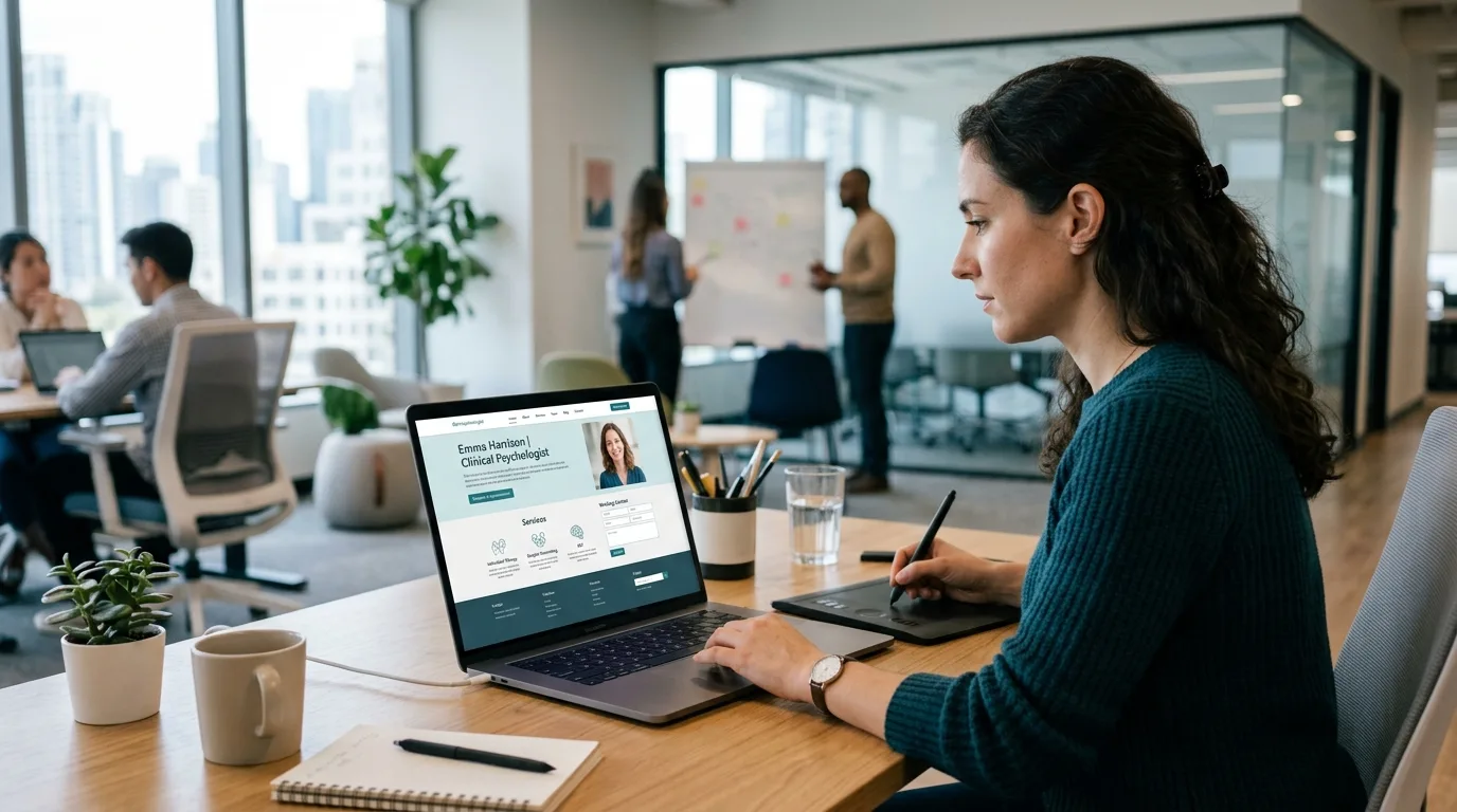 Desarrollo de página web personalizada para psicólogos. Diseñador web creando una página web profesional para un psicólogo, enfocándose en la interfaz de usuario.