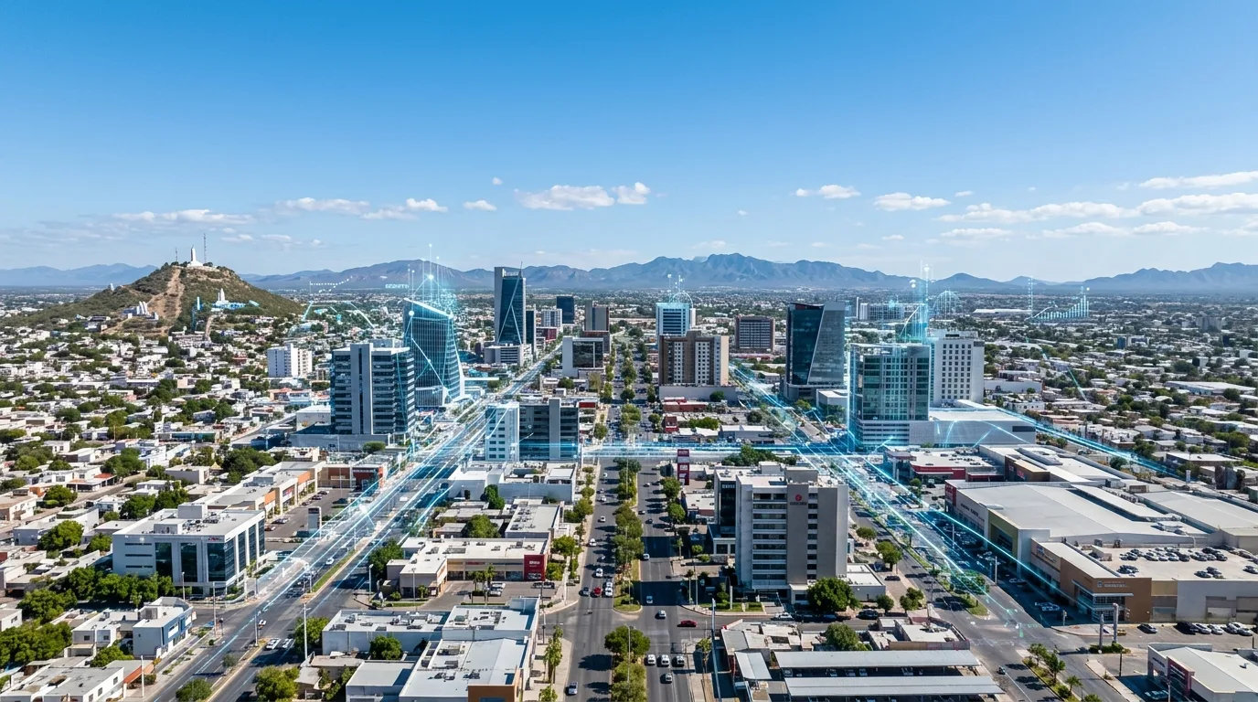 Transformando la Presencia Digital en Los Mochis Paisaje urbano de Los Mochis con elementos digitales superpuestos, representando la integración tecnológica de las páginas web Los Mochis y el crecimiento digital en la ciudad.