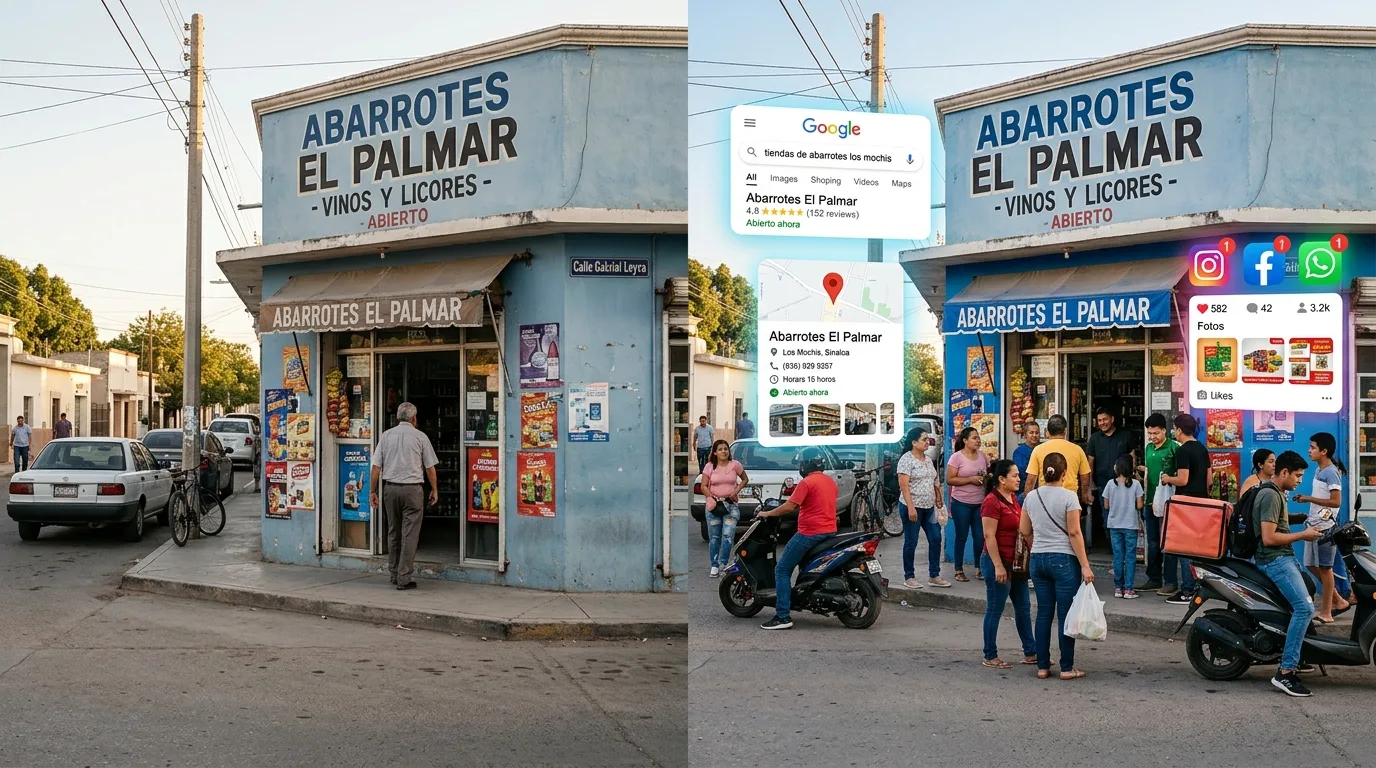 Potenciando Negocios Locales con SEO y Páginas Web Un negocio local en Los Mochis con una fachada tradicional, mejorado visualmente con iconos de búsqueda local y reseñas en línea, simbolizando el impacto del SEO local.