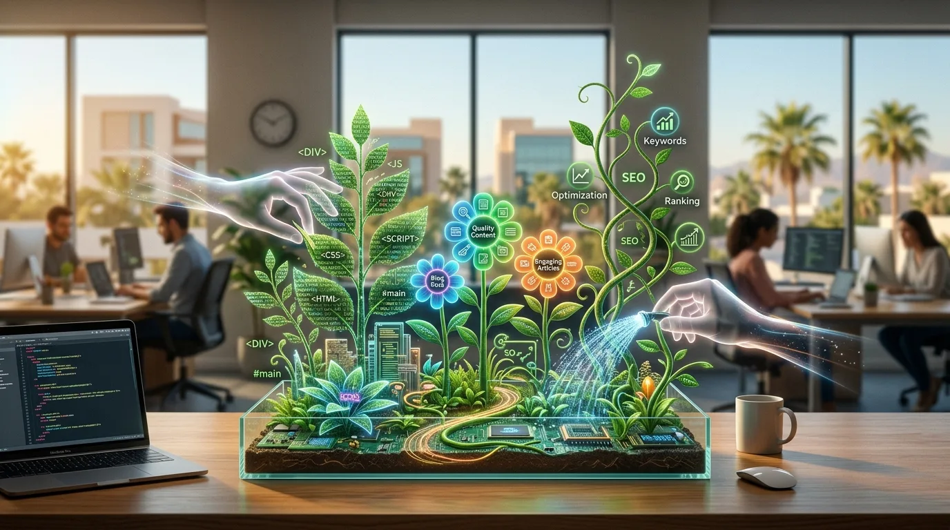 Mantenimiento Constante para Páginas Web Duraderas Elementos de una página web como código y contenido siendo "regados" y "podados" en un jardín digital, simbolizando el mantenimiento y actualización constante necesarios.