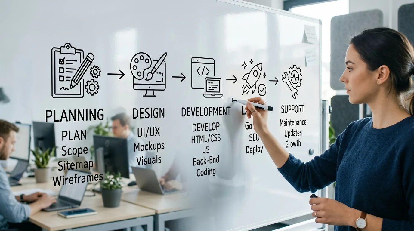 El Proceso Simplificado para Tu Página Web Diagrama de flujo del proceso de desarrollo de una página web empresarial