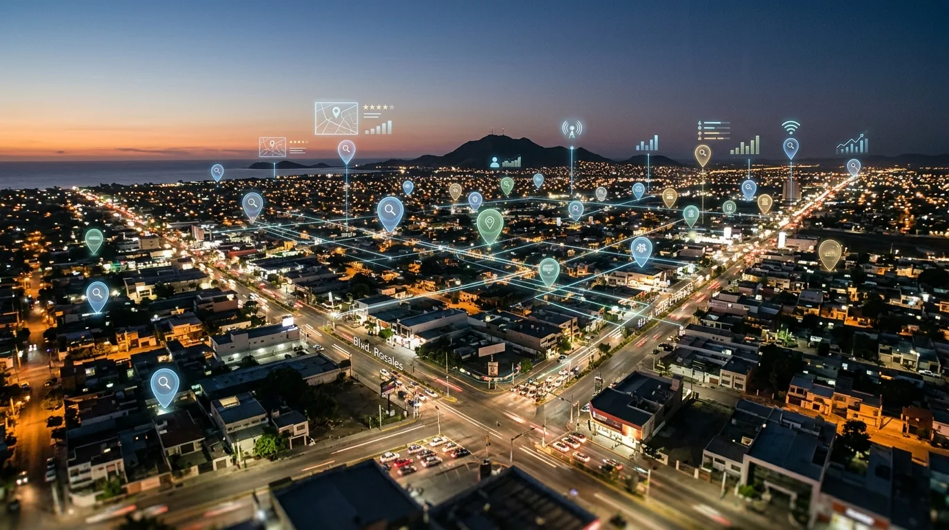 SEO Local y Visibilidad de Páginas Web Profesionales en Los Mochis Vista aérea moderna de Los Mochis al atardecer, con superposiciones digitales que simbolizan el SEO local y la conexión de páginas web profesionales con el entorno urbano.
