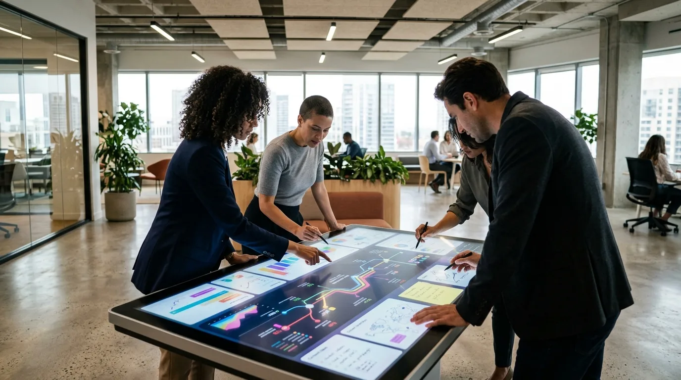 Estrategia de Contenido y Marketing Digital Integrado Equipo de marketing digital colaborando en una estrategia de contenido para páginas web profesionales, con gráficos y datos en pantallas.