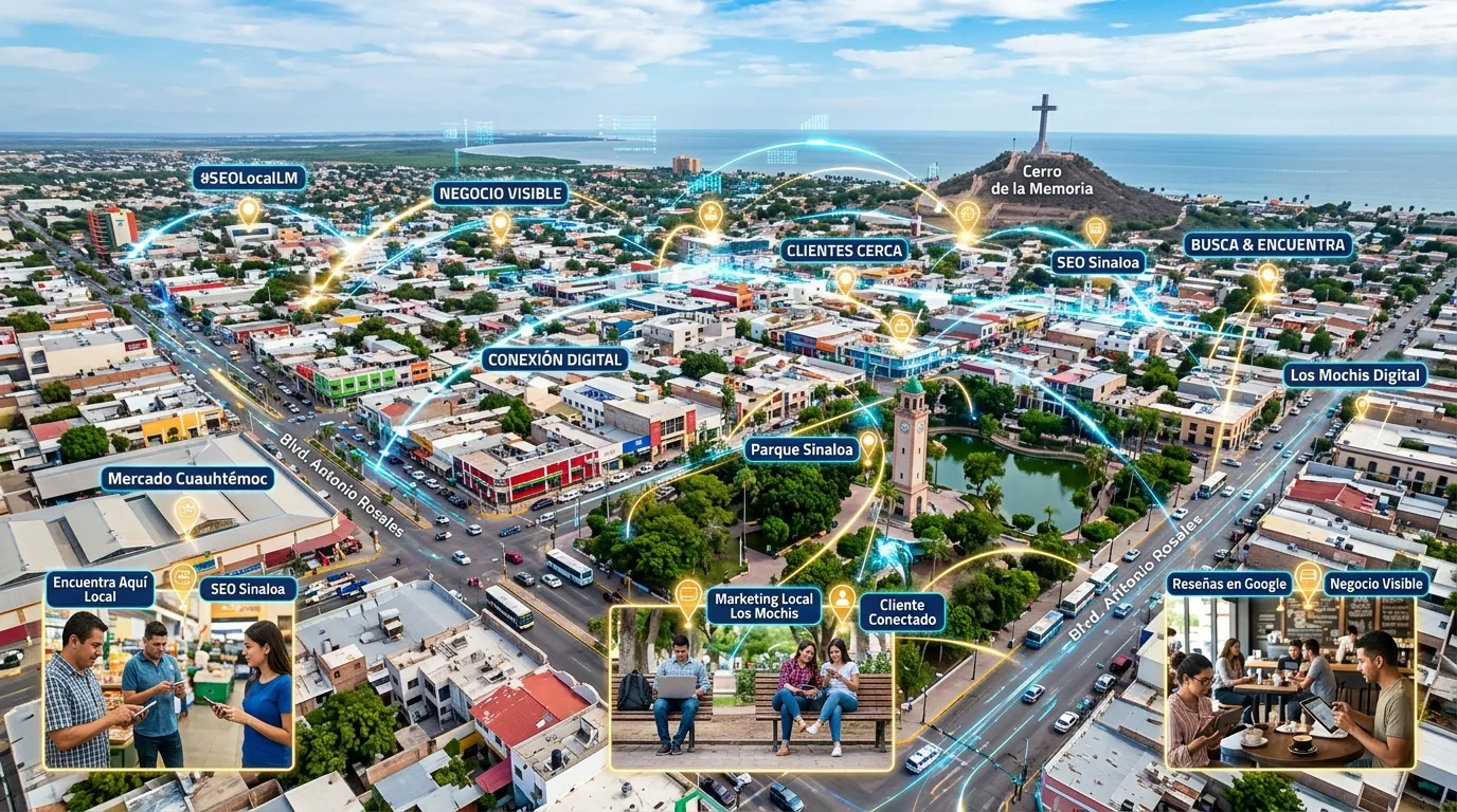SEO Local: Conectando Negocios y Clientes en Los Mochis Mapa digital de Los Mochis con pines de localización y rutas de búsqueda, simbolizando el SEO local y la conexión de negocios.
