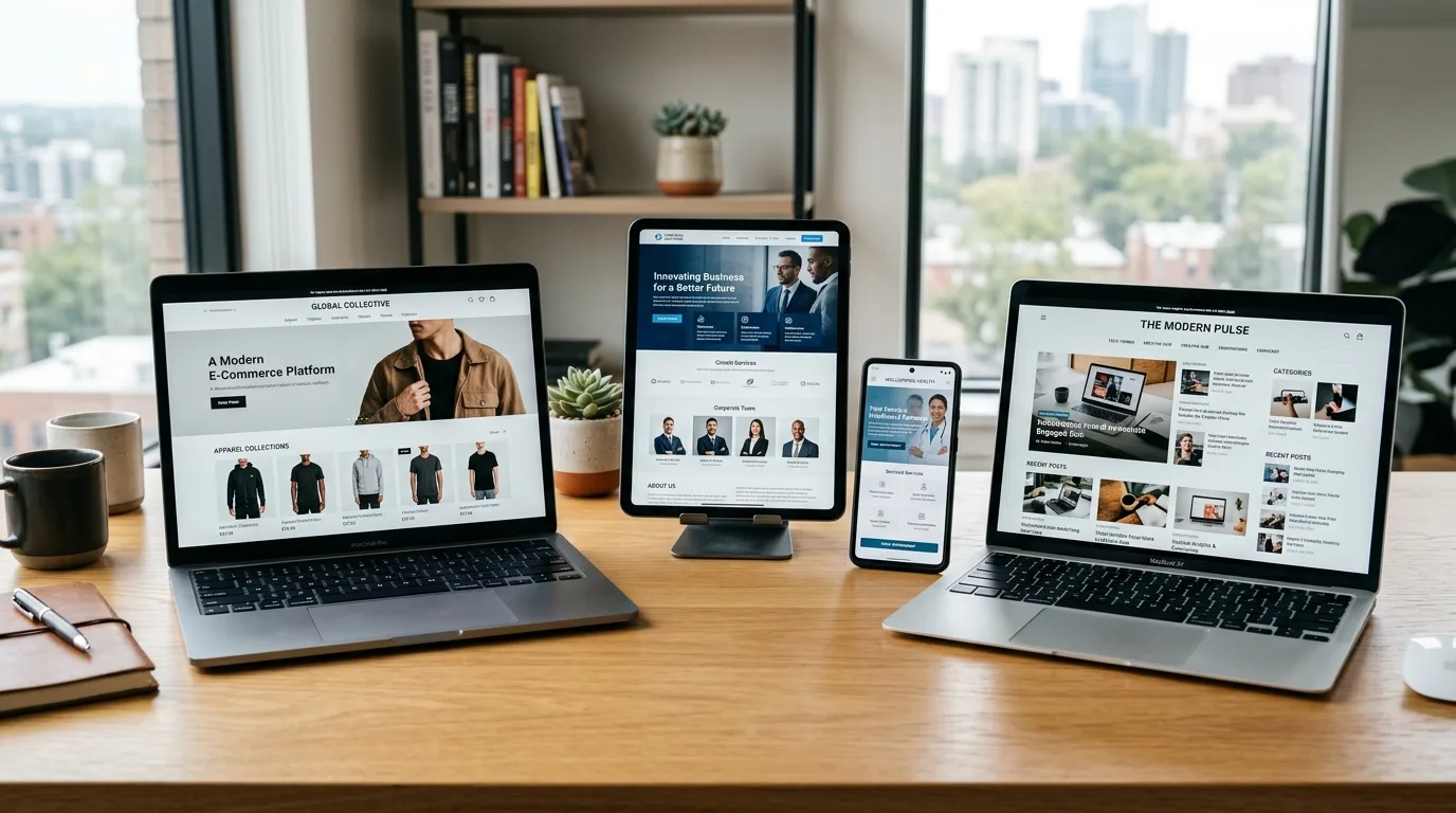 Diversidad y Adaptabilidad de Páginas Web Profesionales Múltiples dispositivos mostrando diferentes tipos de páginas web profesionales, incluyendo e-commerce, servicios y blogs, destacando su versatilidad.