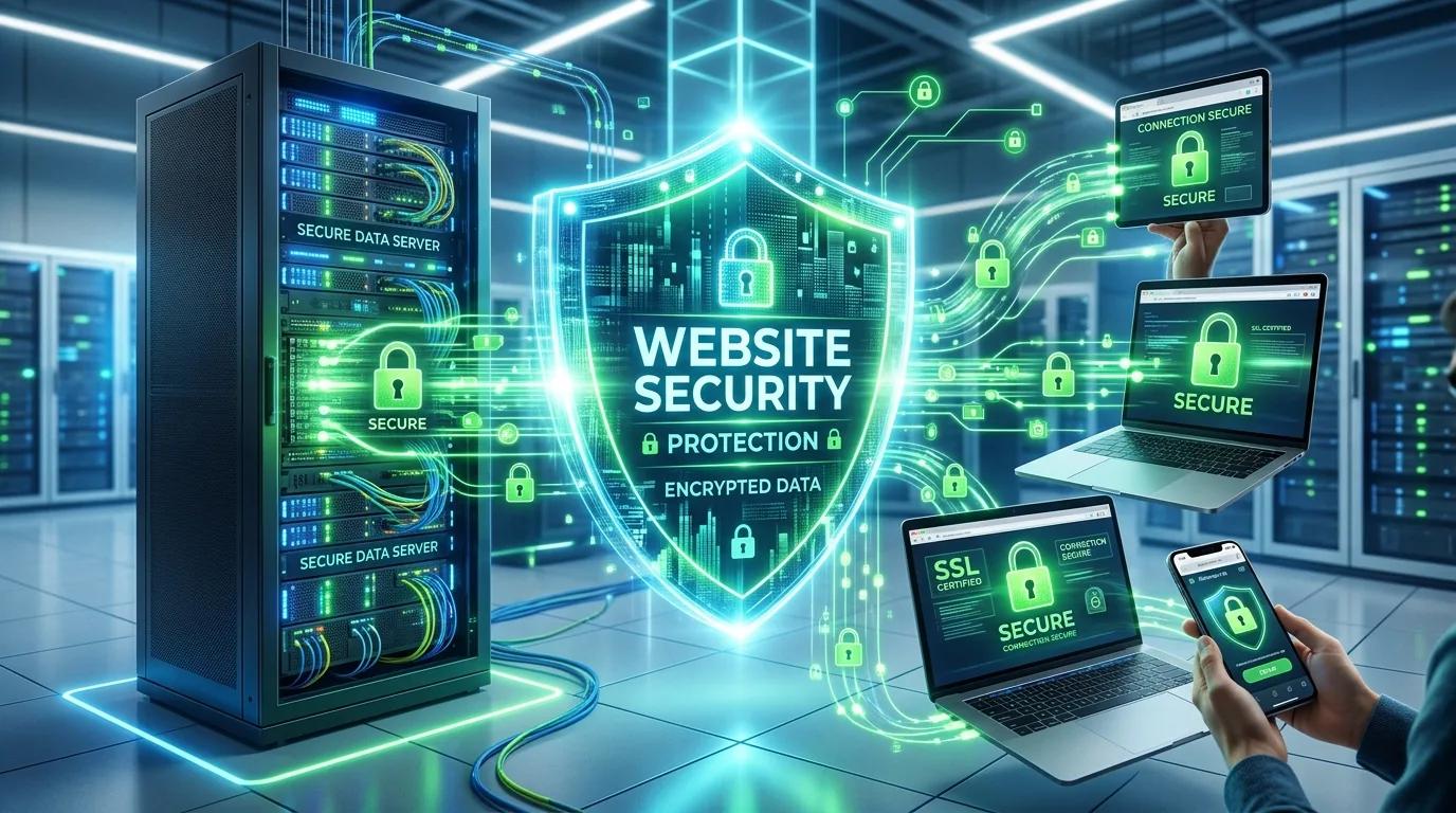 Protección y Confiabilidad para Tus Páginas Web Profesionales Icono de escudo digital sobre un servidor web, representando la seguridad integral para páginas web profesionales.