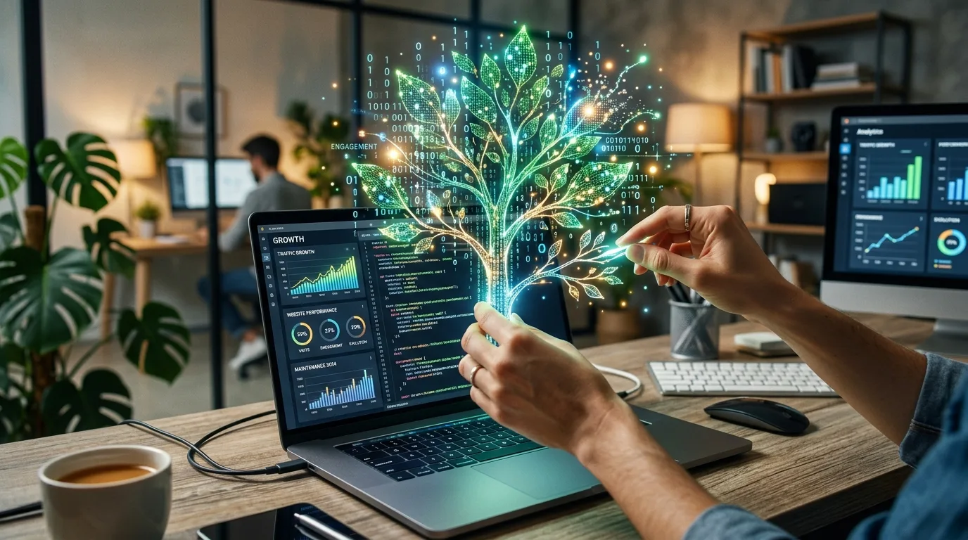 Mantenimiento y Crecimiento Continuo de Sitios Web Profesionales Manos cuidando una planta digital que emerge de una pantalla, simbolizando el mantenimiento y evolución de una página web profesional.