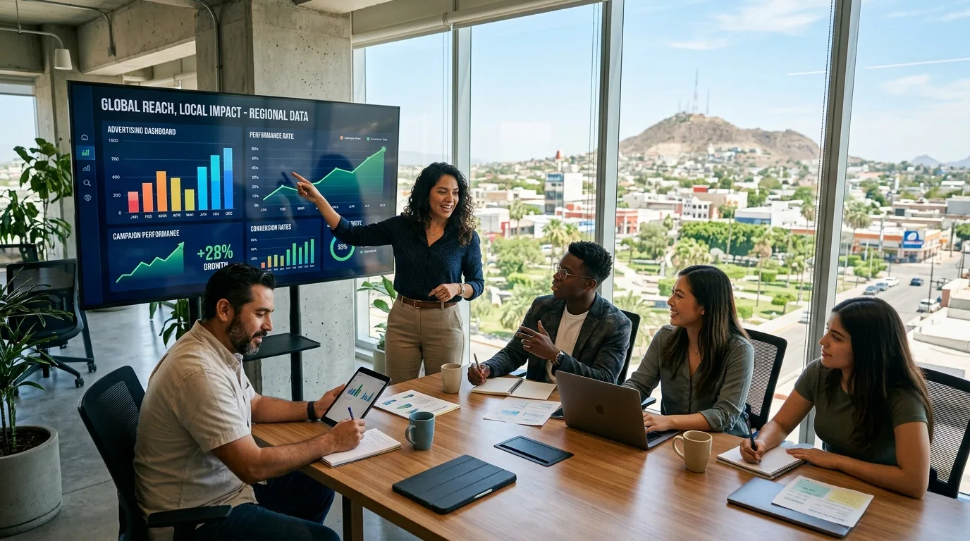 Una persona concentrada trabajando en una laptop con gráficos y datos de marketing digital en la pantalla.