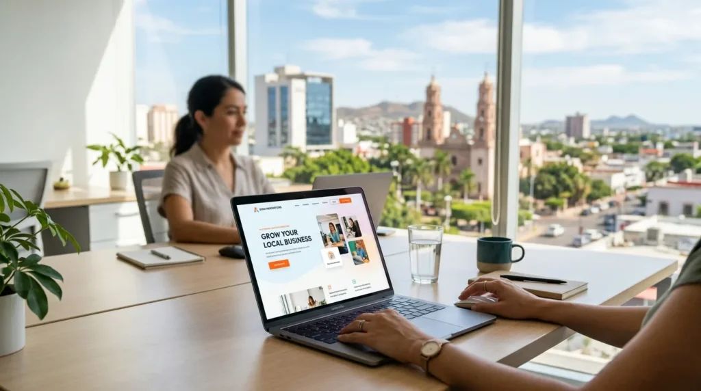 Una pantalla de ordenador mostrando una landing page con un diseño moderno, un titular claro y un formulario de contacto visible.