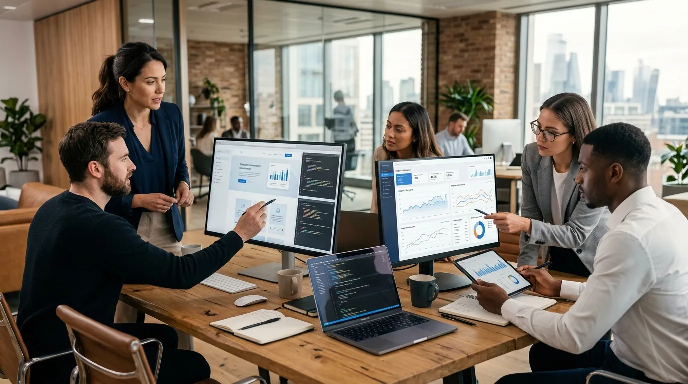 Fusión de Diseño y SEO para Resultados Digitales Equipo de Clientes con Web colaborando en diseño web y estrategias SEO