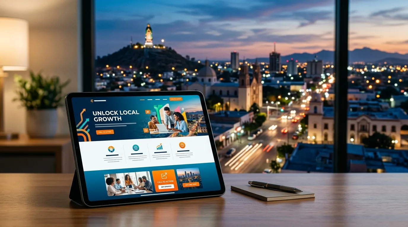 Una pantalla de ordenador mostrando el diseño de una landing page moderna con elementos de conversión y un mapa estilizado de Los Mochis de fondo.