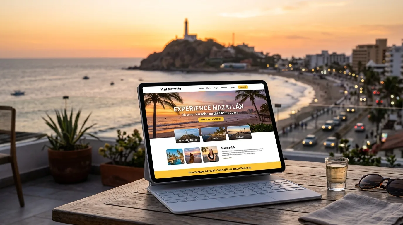 Una pantalla de computadora portátil mostrando una landing page moderna con un formulario de contacto y una imagen de fondo del faro de Mazatlán al atardecer.