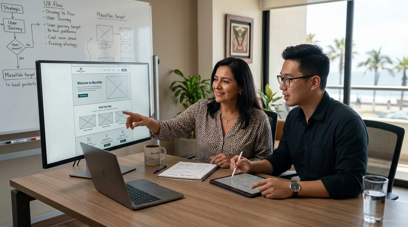 Claves para una Landing Page de Alta Conversión en Mazatlán Un empresario local de Mazatlán revisando gráficos de rendimiento y conversiones en una tablet, con un mapa estilizado de la ciudad de fondo.