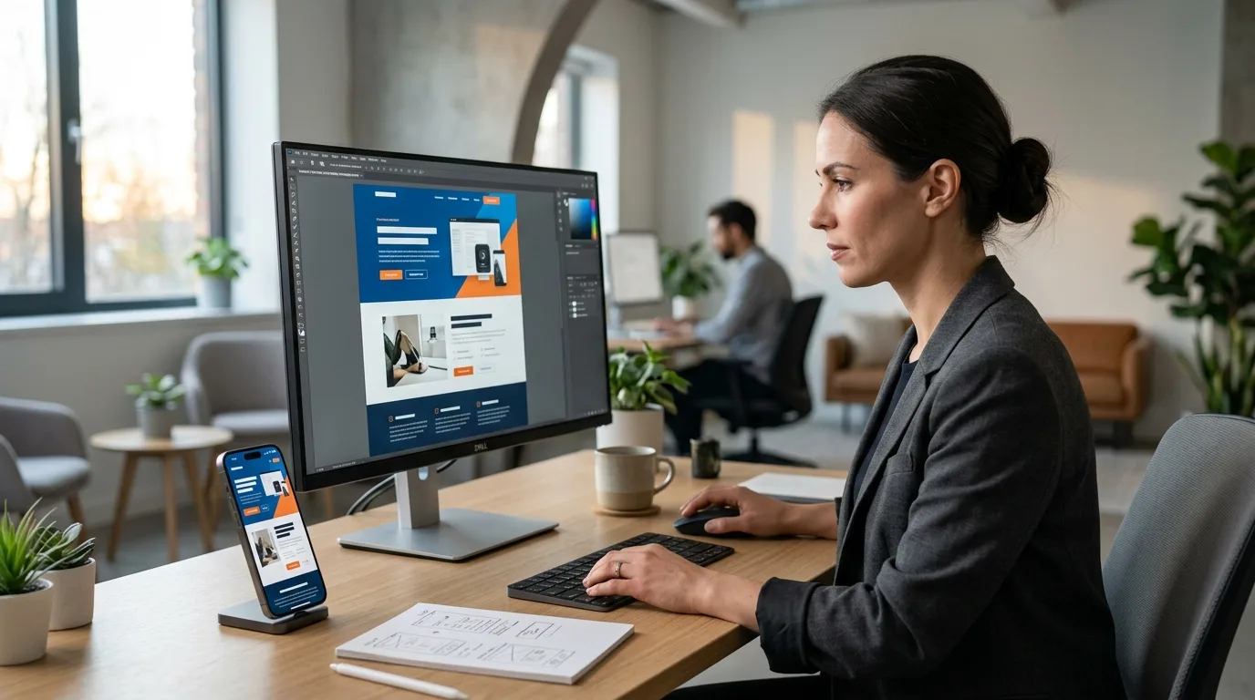 Desarrollo y Optimización de Landing Pages Diseñador web profesional creando una landing page responsiva en una laptop y tablet