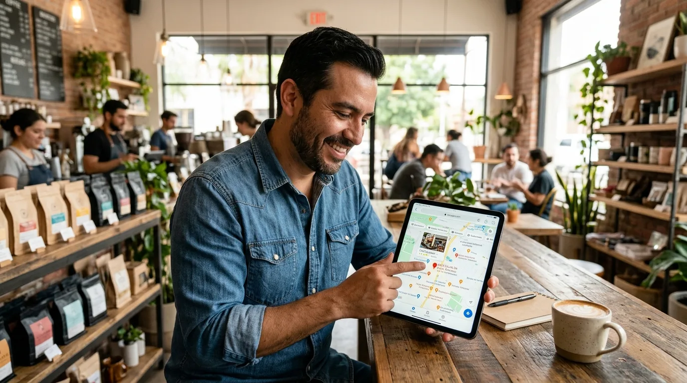 Optimiza tu Presencia Online con SEO Local en Culiacán Un smartphone mostrando un mapa digital de Culiacán con varios marcadores de ubicación y una lupa, simbolizando la búsqueda local.