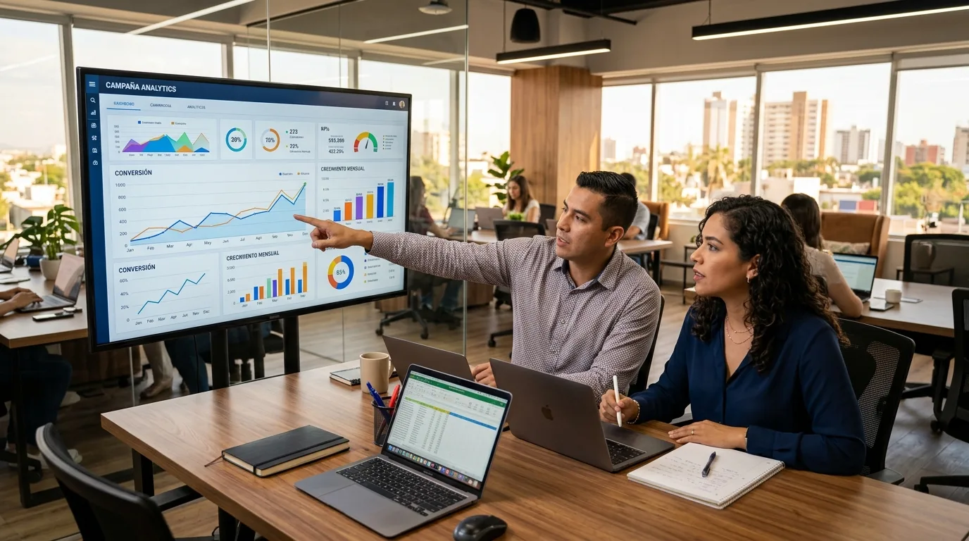 Desarrolla Estrategias de Marketing Digital Efectivas para Culiacán Un equipo de profesionales colaborando en una mesa, analizando datos y estrategias en tabletas y documentos para una campaña de marketing digital.