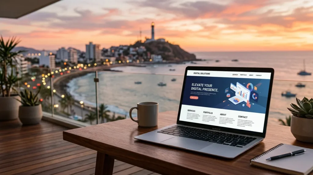 Una persona trabajando en una laptop con elementos de diseño web y gráficos, mostrando un sitio moderno.