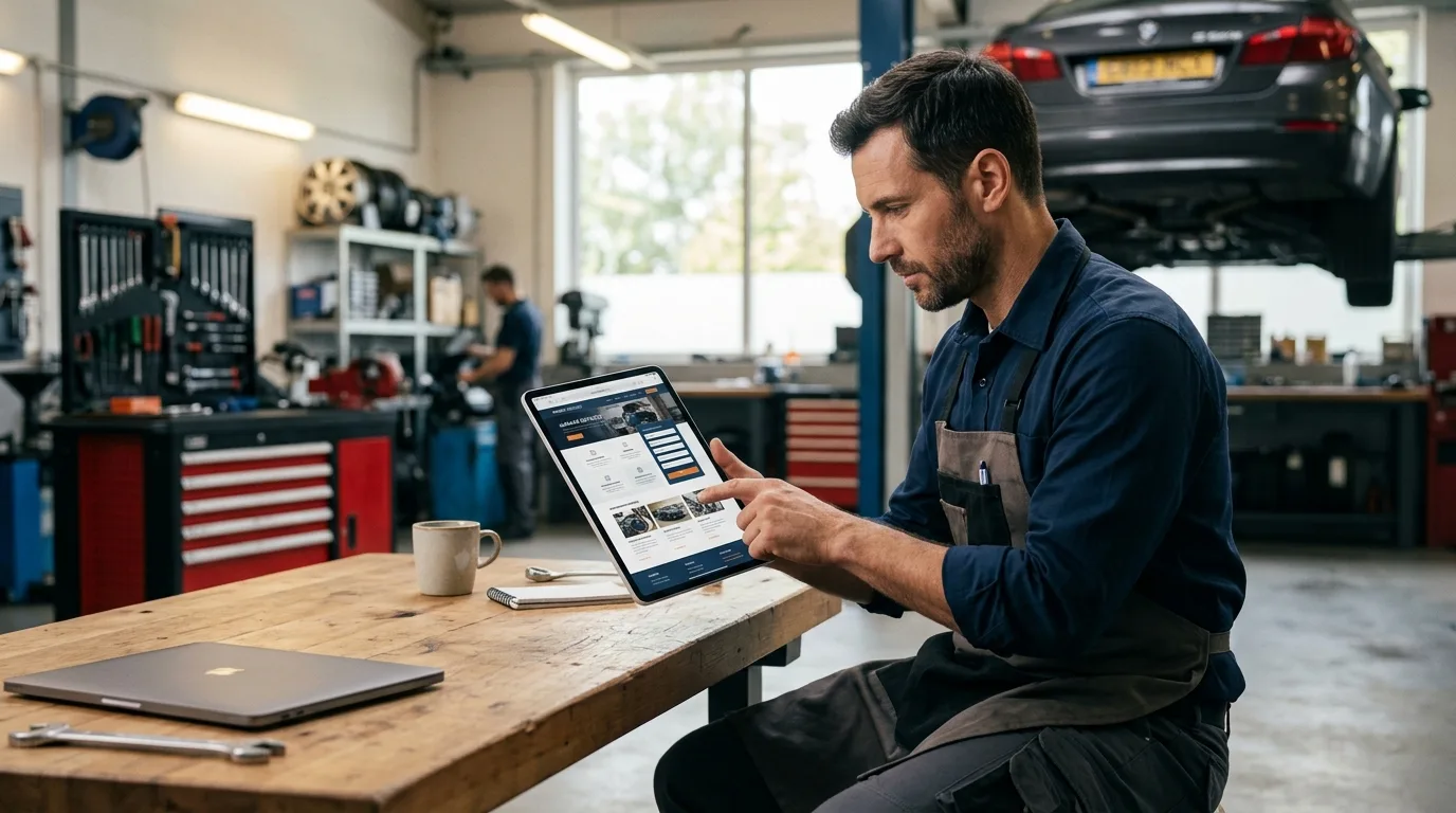 Revisión de Diseño Web para Taller Automotriz Propietario de taller mecánico revisando el diseño de su nueva página web en una tablet.