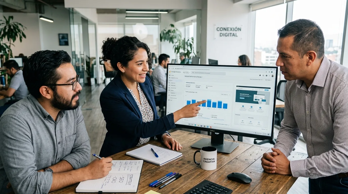 Colaboración y Análisis para el Éxito Web Equipo de profesionales colaborando en la optimización de una página web.
