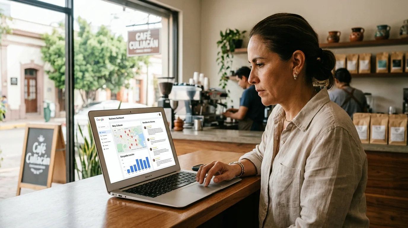 Estrategias Clave para el Posicionamiento SEO Local en Culiacán Un smartphone muestra resultados de búsqueda local con un mapa interactivo y pines de ubicación de negocios en una ciudad.