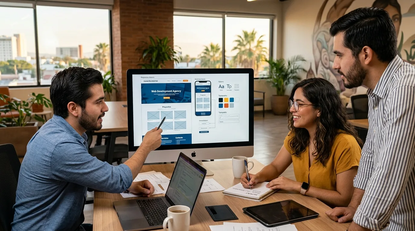 Equipo de desarrollo web en Culiacán colaborando en un diseño estratégico para un negocio local.