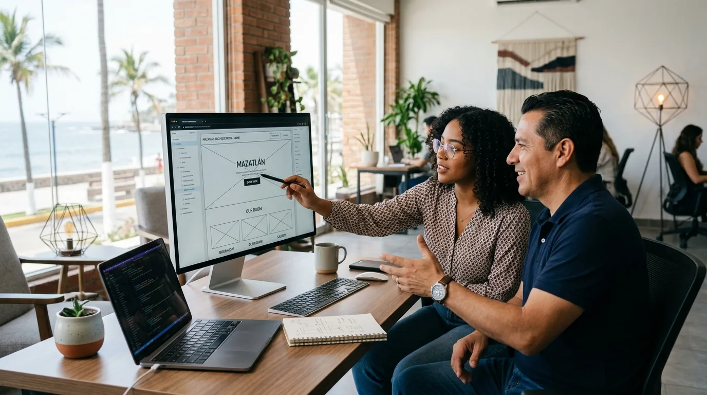 Diseño Web Personalizado y Optimizado para Mazatlán Un equipo de profesionales colaborando frente a una pantalla grande que muestra el proceso de diseño y prototipado de una página web, con notas adhesivas en una pizarra.