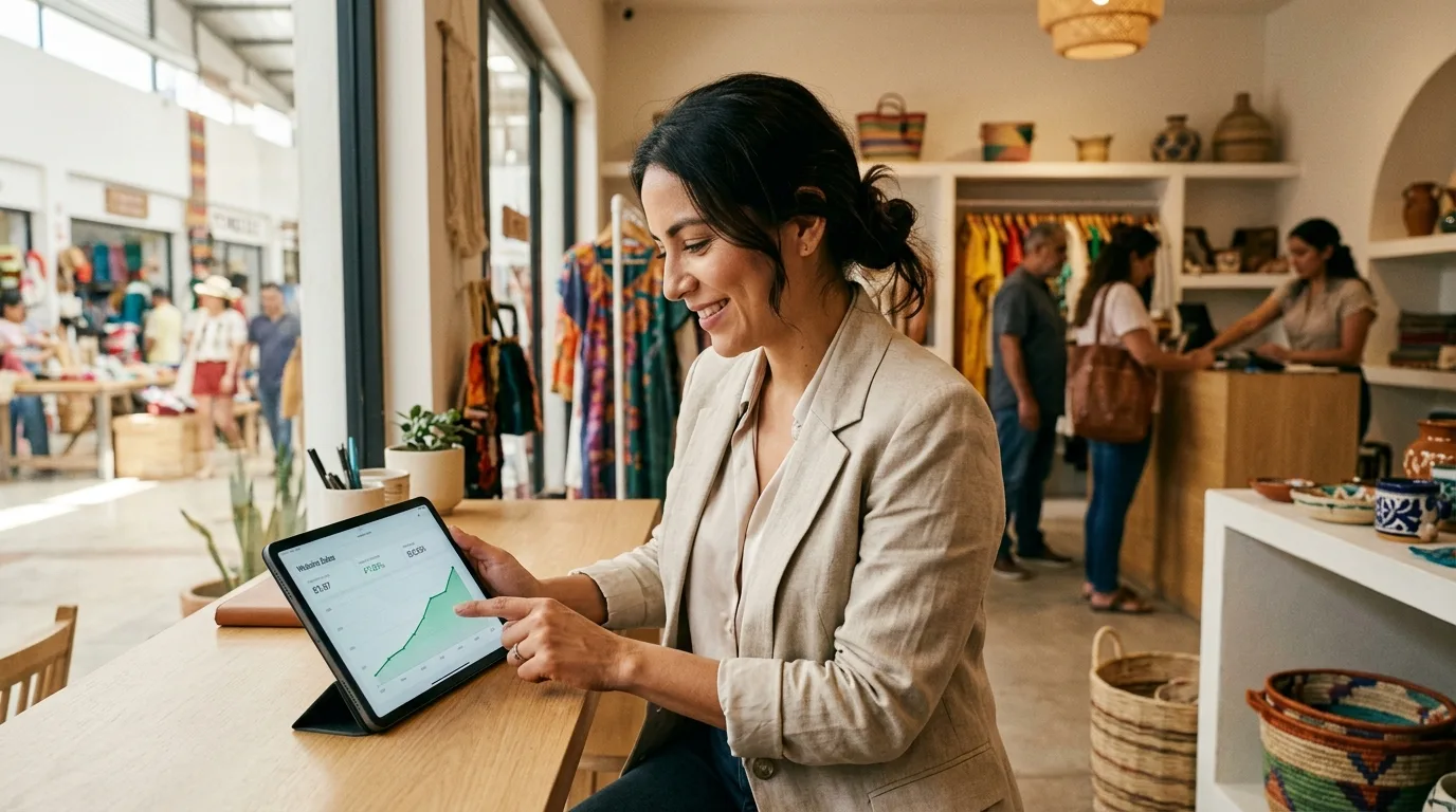 Conecta con tus Clientes Locales a través de tu Web Un empresario sonriente revisando su sitio web en una tablet, con un fondo que sugiere un negocio local exitoso y clientes satisfechos.