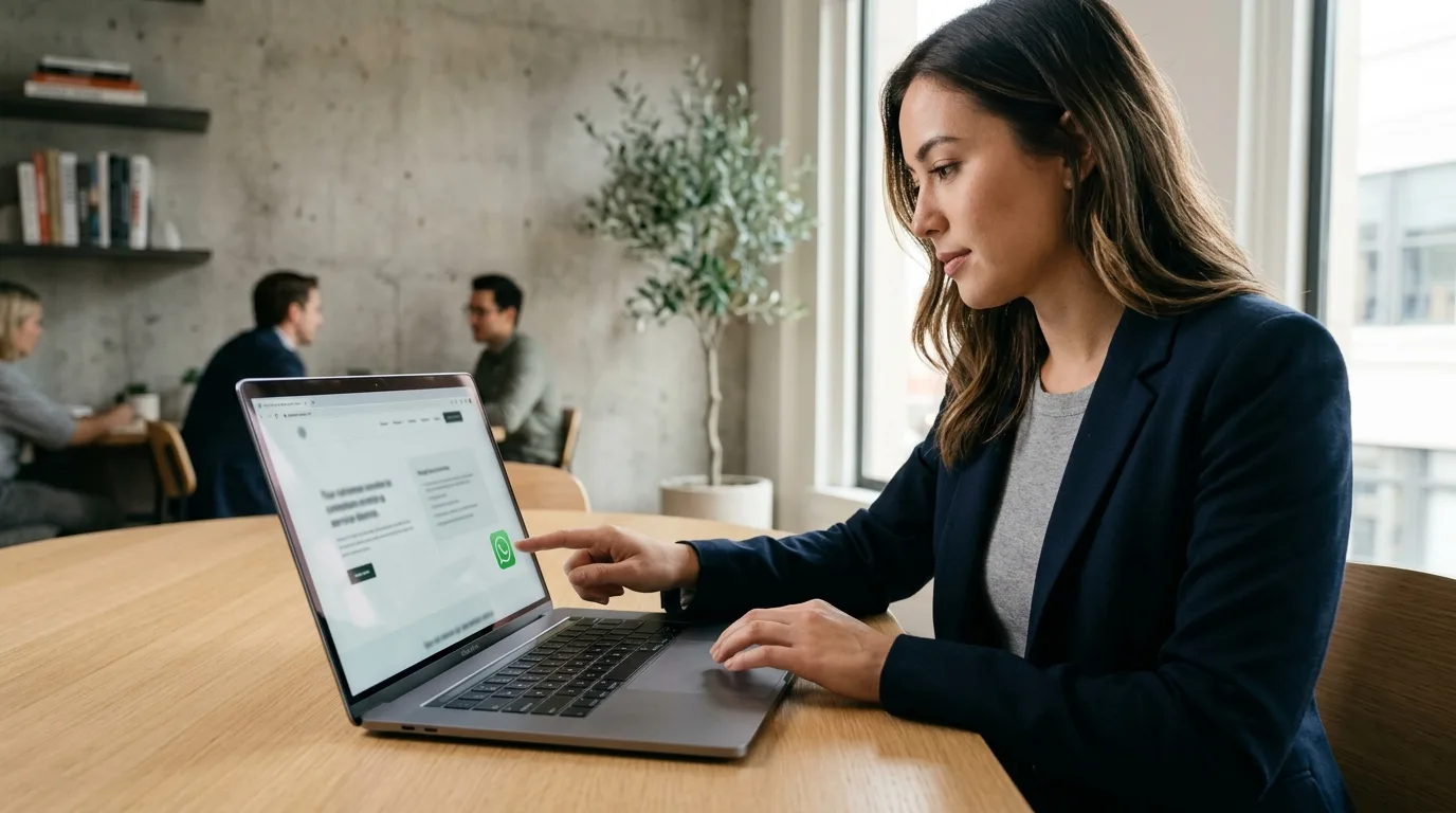 Maximiza tus Conversiones con Landing Pages y WhatsApp Profesional interactuando con una landing page en tablet con icono de WhatsApp.