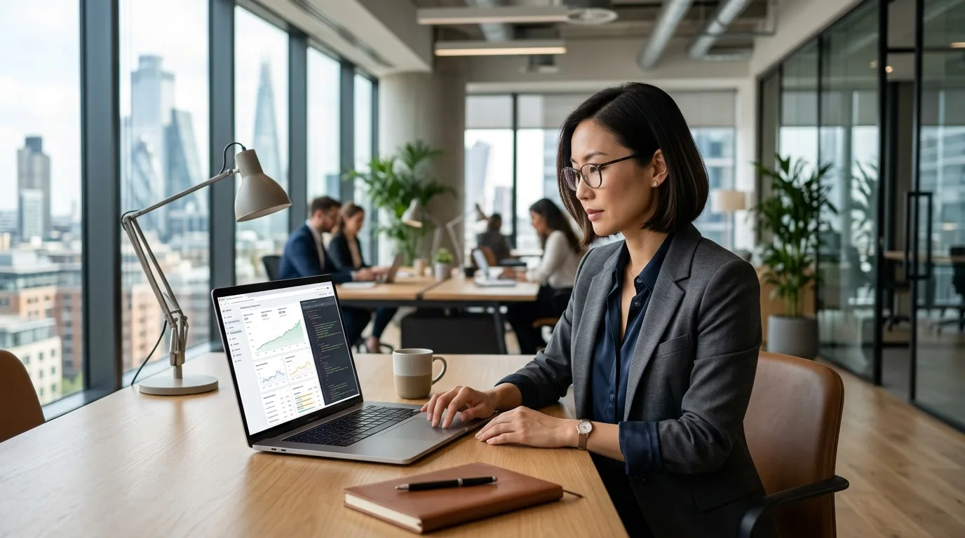 Especialista SEO analizando métricas web Profesional trabajando en optimización de rendimiento de sitio web en laptop para mejorar el SEO
