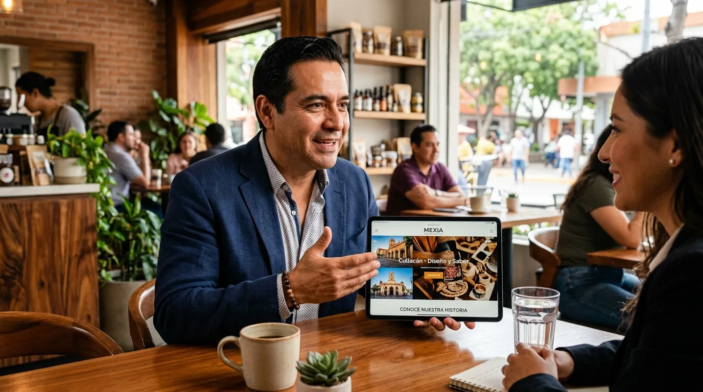 Beneficios Clave de una Página Web Profesional Un empresario sonriente de pie frente a una pantalla grande que muestra gráficos de crecimiento y un diseño web moderno, señalando con confianza.