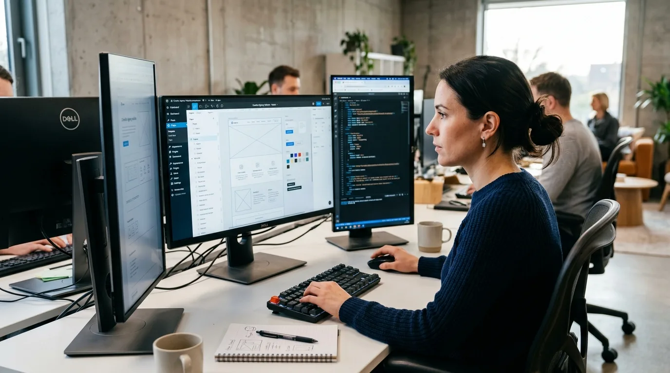 Diseño y Desarrollo de Páginas WordPress en Los Mochis Un equipo de profesionales colaborando y revisando un diseño web en una tablet y una laptop, mostrando el proceso de creación de un sitio.