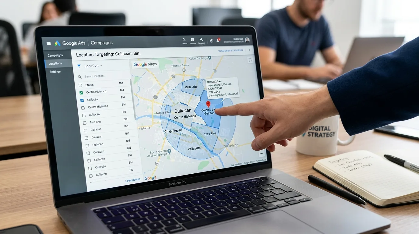 Segmentación Geográfica Precisa en Google Ads para Culiacán Pantalla de laptop mostrando la interfaz de Google Ads con segmentación geográfica en Culiacán.