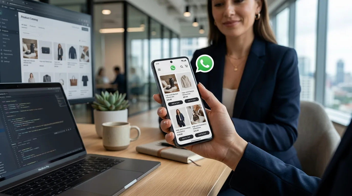 E-commerce Móvil con Chat Directo de WhatsApp Teléfono móvil mostrando una página de producto de e-commerce con un botón flotante de WhatsApp.